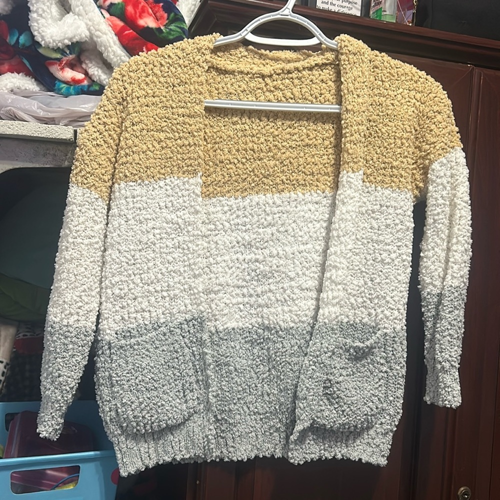 yellow white and grey cardigan